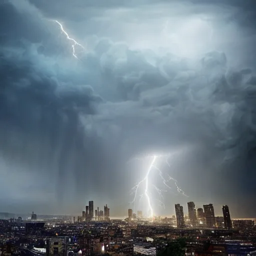 Prompt: enormous creature towering over a city during a thunderstorm, hyper realistic