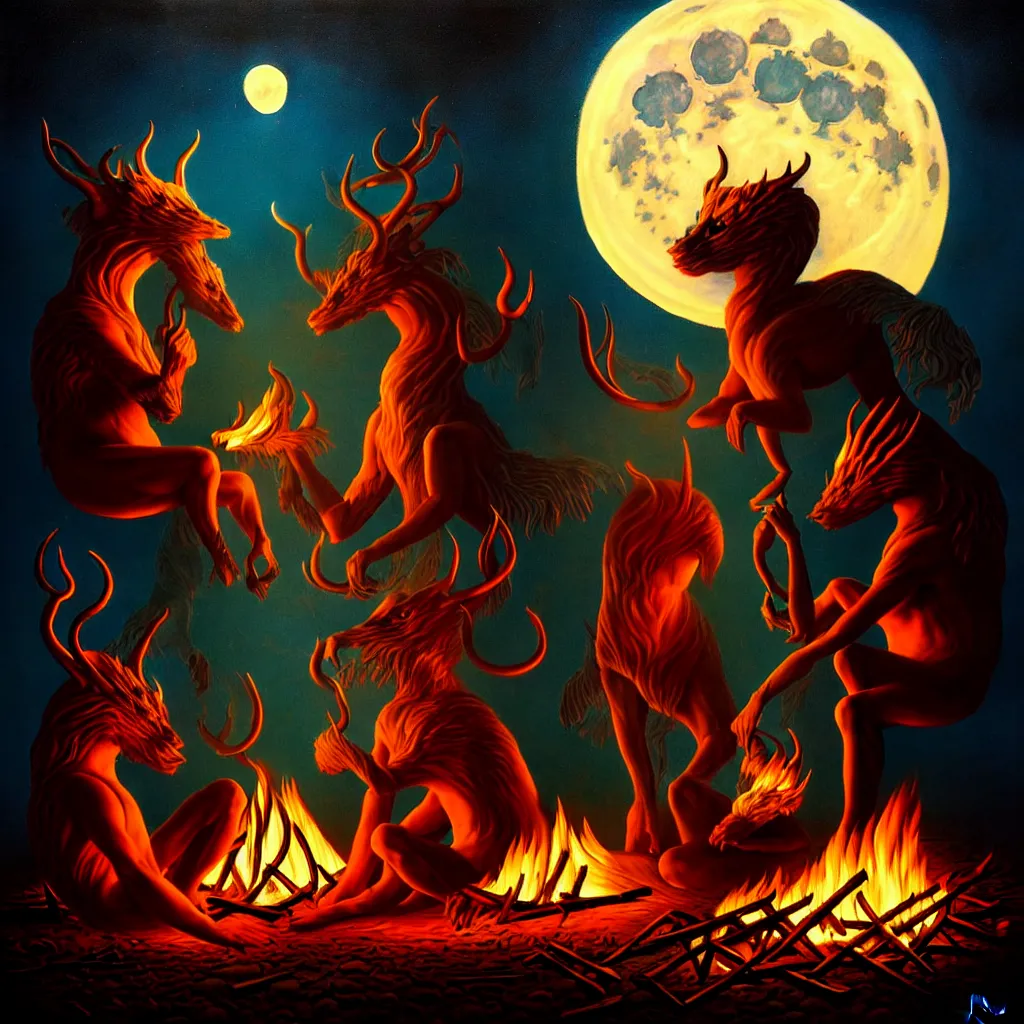 Image similar to strange mythical beasts of sitting around a fire under a full moon, surreal dark uncanny painting by ronny khalil