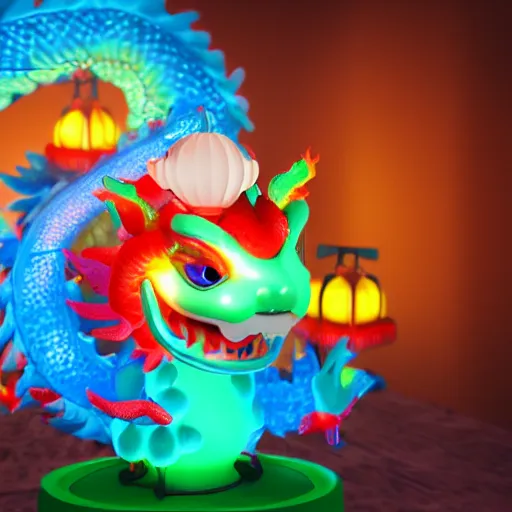 Image similar to cute baby chinese dragon surrounded by lanterns, colorful detailed photo realistic 3d pixar render 4k, trending on artstation