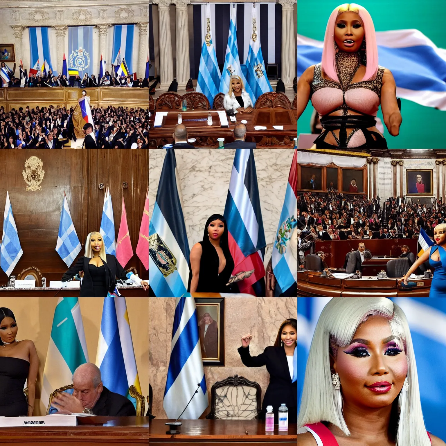 Image similar to Nicki Minaj president of Argentina, in the Argentine Congress, flags of Argentina behind, detailed picture