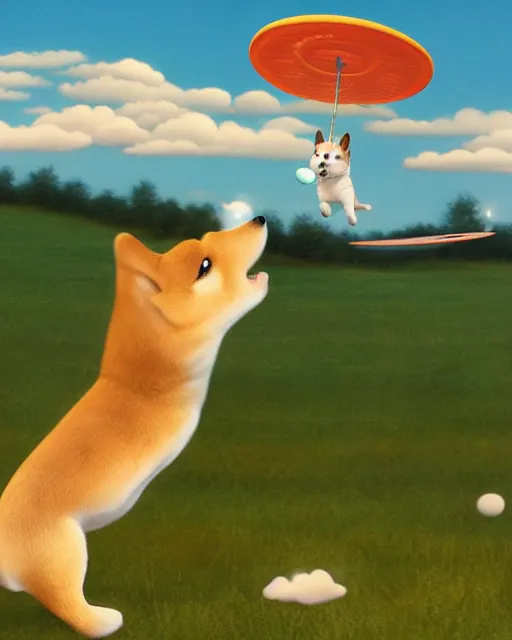 Image similar to shiba inu flies up with a frisbee ， painting photoshop by mark ryden and pixar and hayao miyazaki, 8 k