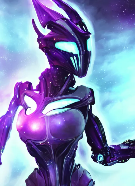 Image similar to cinematic close shot, cosmic sized proportional stunning beautiful hot female warframe, detailed sleek robot mecha female dragon head, metal ears glowing purple oled eyes, mawshot, sleek silver armor, floating in empty space, nebula sized, epic proportions, epic size, epic scale, furry art, dragon art, giantess art, warframe fanart, furaffinity, deviantart