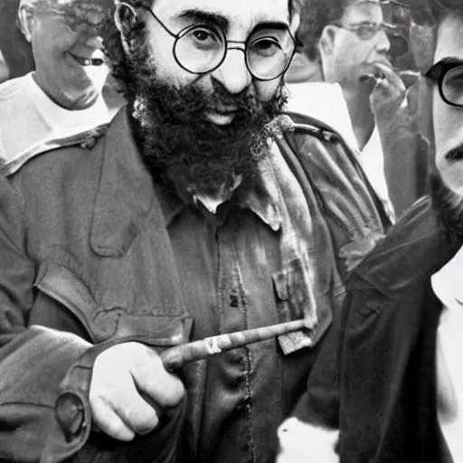 Prompt: Harry Potter smokes a Cuban cigar with Fidel Castro. Photo. Good quality. Hyperrealism.