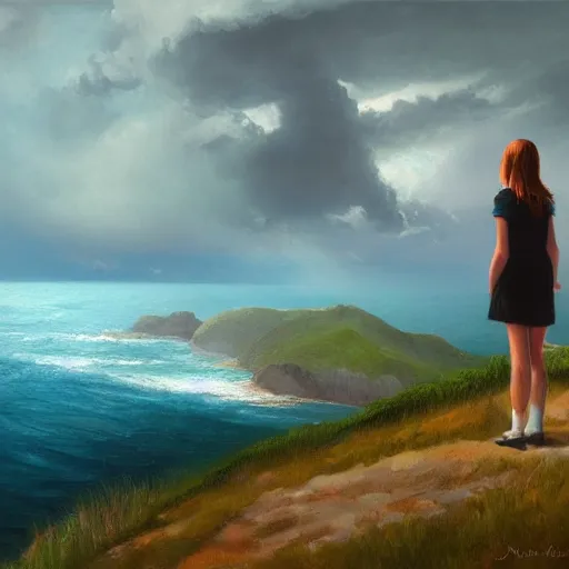 Prompt: A painting of a girl standing on a mountain looking out an approaching storm over the ocean, smooth, dramatic lighting, wind blowing, ocean mist, lightning, artstation