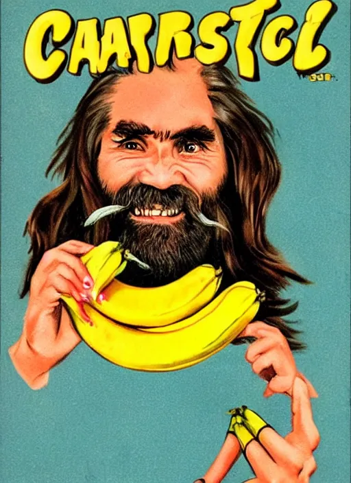 Image similar to vintage toothpaste advertisement depicting charles manson slipping on a banana peel