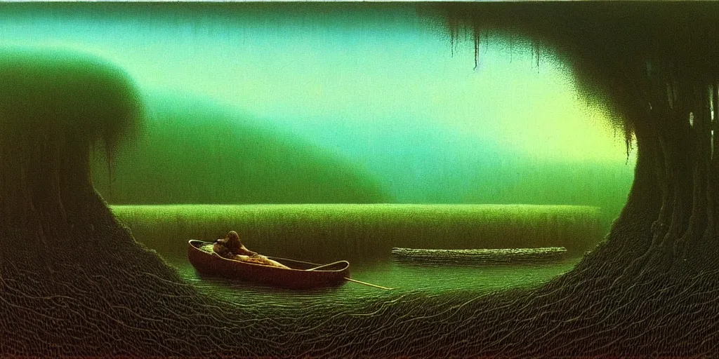 Image similar to A very detailed painting in the style of Beksinski featuring a river in Europe surrounded by trees and fields. A rubber dinghy is slowly moving through the water. Sun is shining