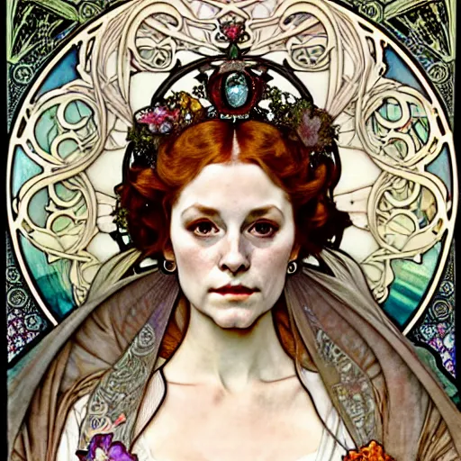 Prompt: realistic detailed face portrait of Queen Elizabeth Tudor in the style of Alphonse Mucha by Alphonse Mucha, Ayami Kojima, Yoshitaka Amano, Charlie Bowater, Greg Hildebrandt, Jean Delville, Adam Hughes, Karol Bak, and Mark Brooks, Art Nouveau, Gothic Revival, Pre-Raphaelite, exquisite fine details, 4k resolution