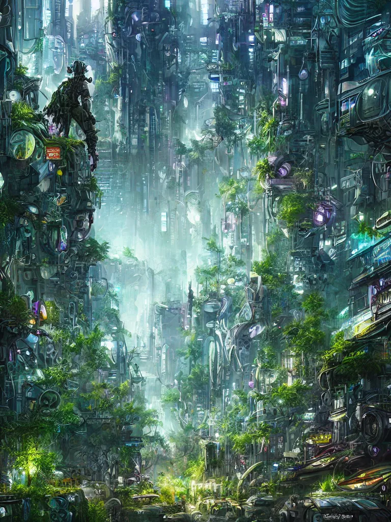 A Cyberpunk City Overgrown With Biopunk Foliage By 