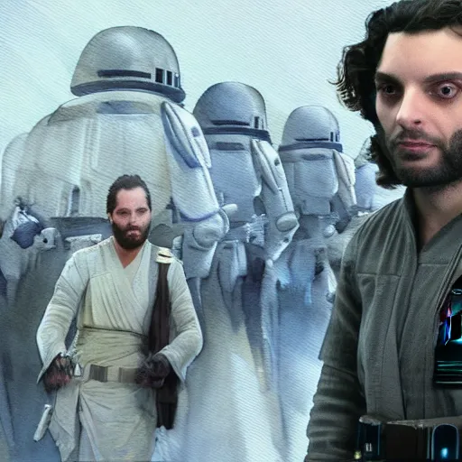 Prompt: a realistic star wars watercolor fantasy concept cart of chris d'elia selling drugs on coruscant, hq, 4 k