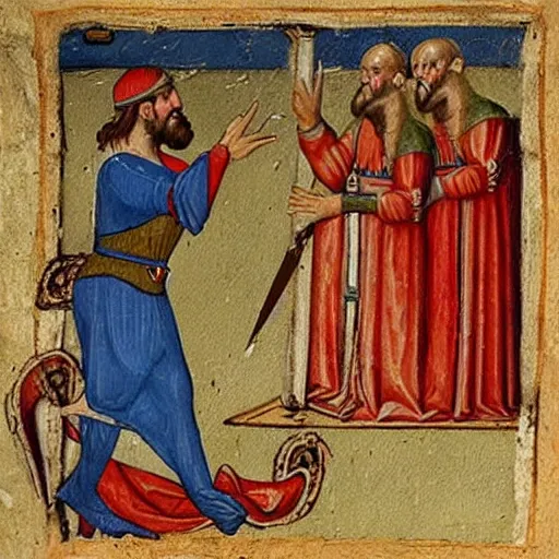 Prompt: a realistic medieval painting of a large bearded man kneeling, being knighted by royalty