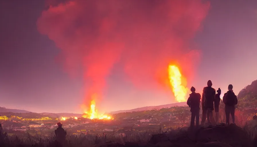 Prompt: people on a hill watching humongous explosion in the distance, fire, ashes and smoke columns at night, hyperdetailed, artstation, cgsociety, 8 k