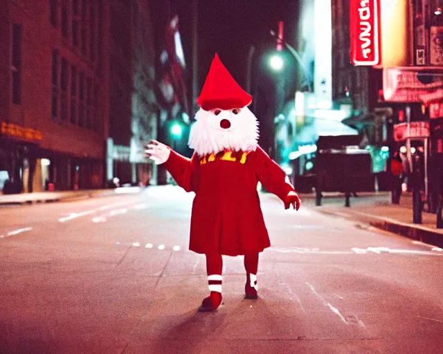 Prompt: photo of iowa state university mascot cy the cardinal wandering the streets of nyc at night, cinestill 8 0 0 t film