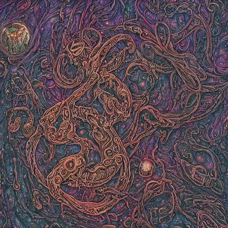 Image similar to a intricate mandala of skulls and flesh and bone with deep and intricate rune carvings and weaving lovecraftian tentacles emerging from a space nebula by dan mumford, twirling smoke trails, a twisting vortex of dying galaxies, collapsing stars, digital art, photorealistic, vivid colors, highly detailed, intricate