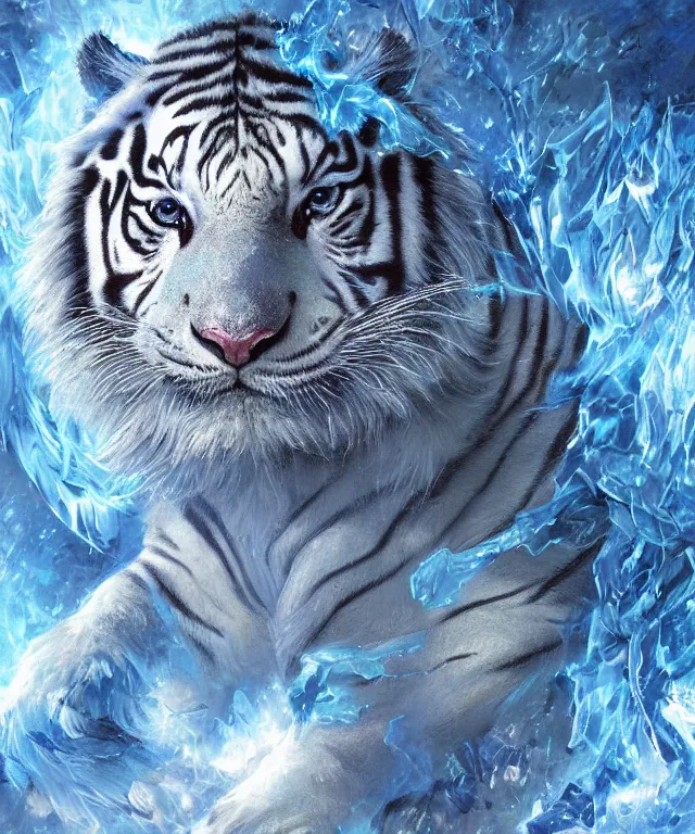 Image similar to a ultradetailed painting of a white tiger made of intricate ice crystals, surrounded with blue flames, volumetric lighting, crystalline, snowflakes, ornate, Greg rutkowski, Karol Bak.