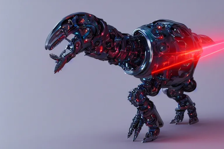 Image similar to futuristic metal cybernetic!! dino!!!! white blue grey orange laser, octane render, studio light,