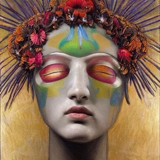 Prompt: a masterpiece painting of a facemask made of stylized flowers, by annie swynnerton and jean delville and tino rodriguez, flower mask, art deco shaman, art brut, symbolist, dramatic cinematic lighting, god rays, iridescent beetles, clean crisp graphics, smooth sharp focus, extremely detailed