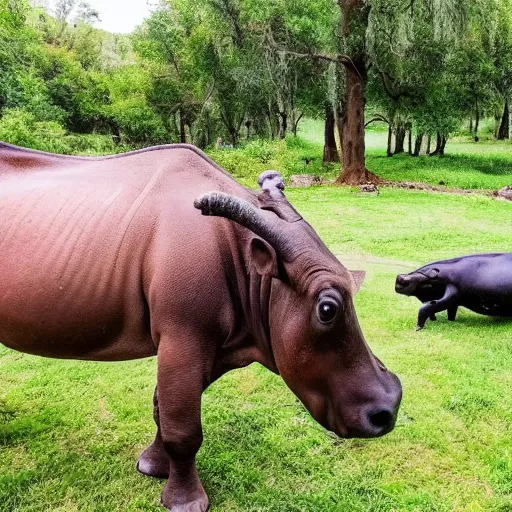 Prompt: selfie stick photo of a cow and its hippopotamus best friend. photograph. nature photography. high quality.