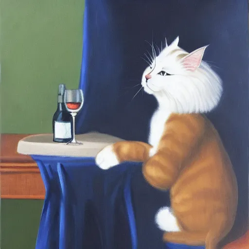 Image similar to a royal portrait of a ragdoll cat drinking a bottle of wine, oil on canvas