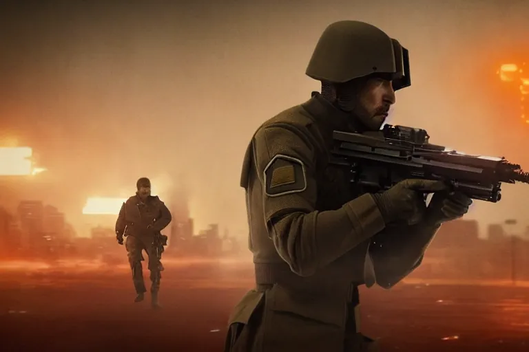 Image similar to vfx film, blade runner 2 0 4 9 futuristic soldiers shoot at enemy robots futuristic war, battlefield war zone, shootout, running, shooting, explosion, leaping, flat color profile low - key lighting award winning photography arri alexa cinematography, big crowd, hyper real photorealistic cinematic beautiful, atmospheric cool colorgrade