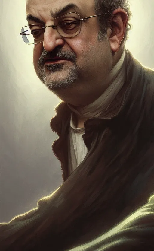 Image similar to portrait of salman rushdie, deep focus, d & d, fantasy, intricate, elegant, highly detailed, digital painting, artstation, concept art, matte, sharp focus, illustration, art by artgerm and greg rutkowski and alphonse mucha