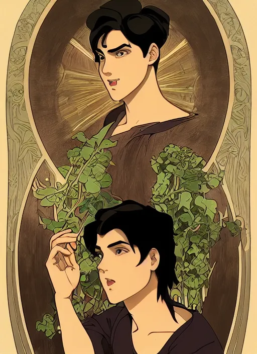 Image similar to well - lit art nouveau portrait of a young man with short black hair, natural lighting, path traced, highly detailed, high quality, cartoon, digital painting, by don bluth and ross tran and studio ghibli and alphonse mucha