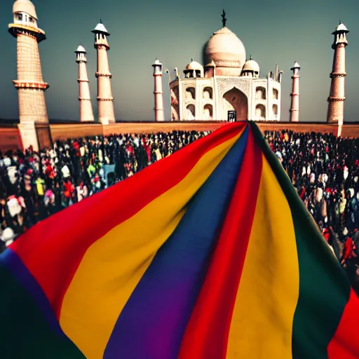 Prompt: photo of crowd of men with rainbow flags dancing at ( ( ( ( taj mahal ) ) ) ), cinematic color grading, soft light, faded colors, well framed, sharp focus, 8 k