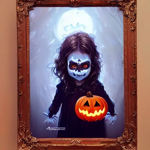 Image similar to a little girl with short wavy curly light brown hair and blue eyes with her face painted like a jack o lantern pumpkin. halloween themed painting by artgerm and greg rutkowski.