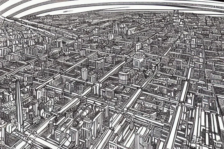 Prompt: establishing shot of a late renaissance coastal city, intricate linework, in the style of moebius, ayami kojima, 1 9 9 0's anime, retro fantasy