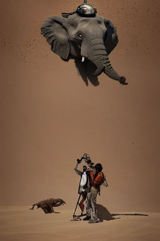 Image similar to 🐘 as 🤖 as 👽 as 🐳, desert photography, by greg rutkowski and edgar maxence