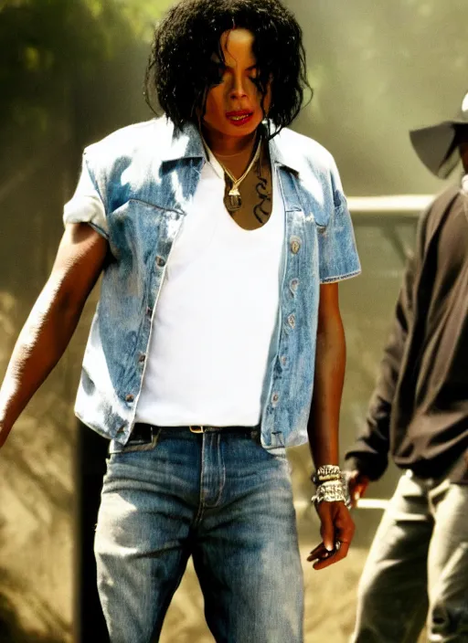 Image similar to film still of michael jackson as tupac in the movie straight outta compton, full-shot, 4k