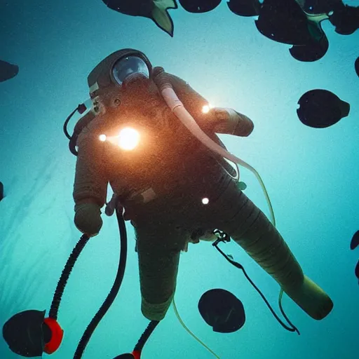 Prompt: underwater photograph of an astronaut exploring deep ocean creatures, eerie