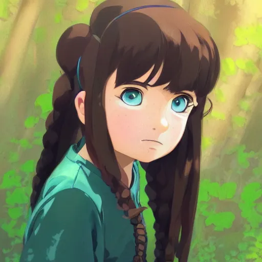 Image similar to portrait of a child with brown wavy pigtails and green eyes, forest background, highly detailed, digital painting, artstation, matte, by makoto shinkai, animation style, studio ghibli, anime key visual