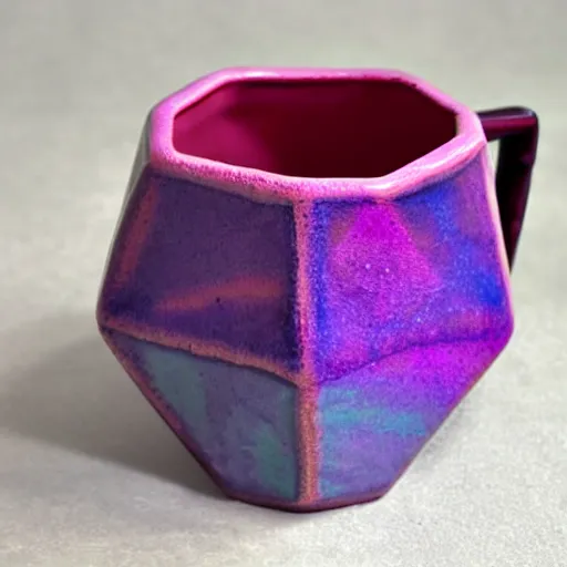 Prompt: geodesic triangle handbuilt ceramic mug with pink and purple pearlescent glaze