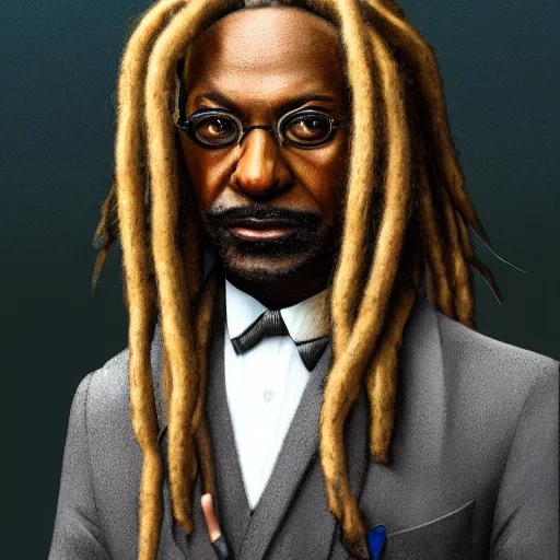 Image similar to a portrait of an older black man with dreads and a suit with a monocle on, D&D, sci-fi, elegant, hopeful, muscular, highly detailed, digital painting, artstation, concept art, smooth, sharp focus, illustration