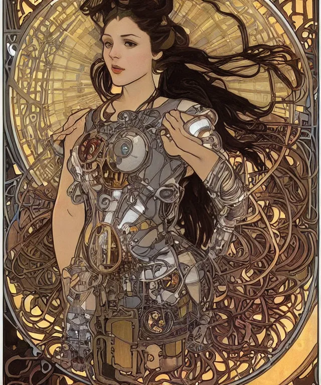 Prompt: realistic detailed portrait of a korgi! mecha cyberpunk! mage! by alphonse mucha and charlie bowater and art germ, rule of thirds, golden ratio, art nouveau! cyberpunk! style, mechanical accents!, mecha plate armor, glowing leds, flowing wires with leaves, art nouveau accents, art nouveau patterns and geometry, rich deep moody colors