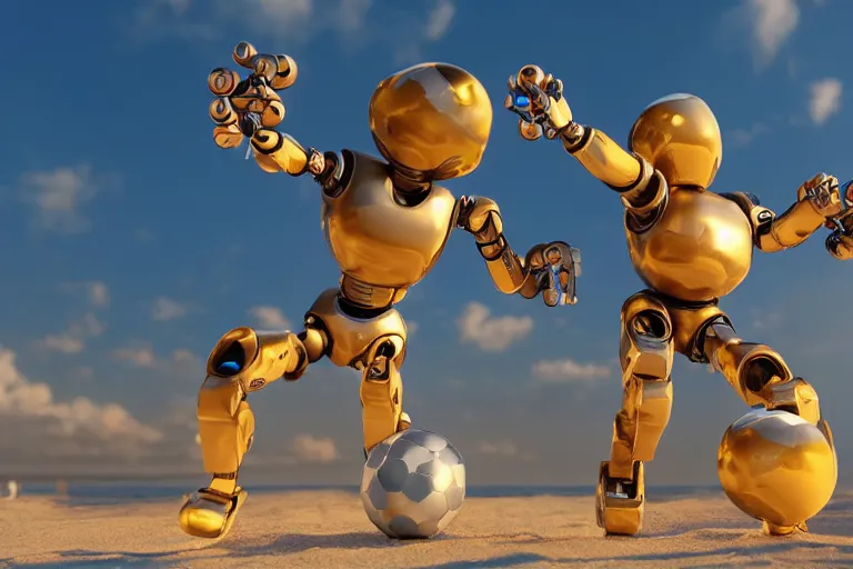 Prompt: Romeo and Juliet as robots holding ball at the beach, sunny day, photorealistic, cinematic framing, 3d render, octane render