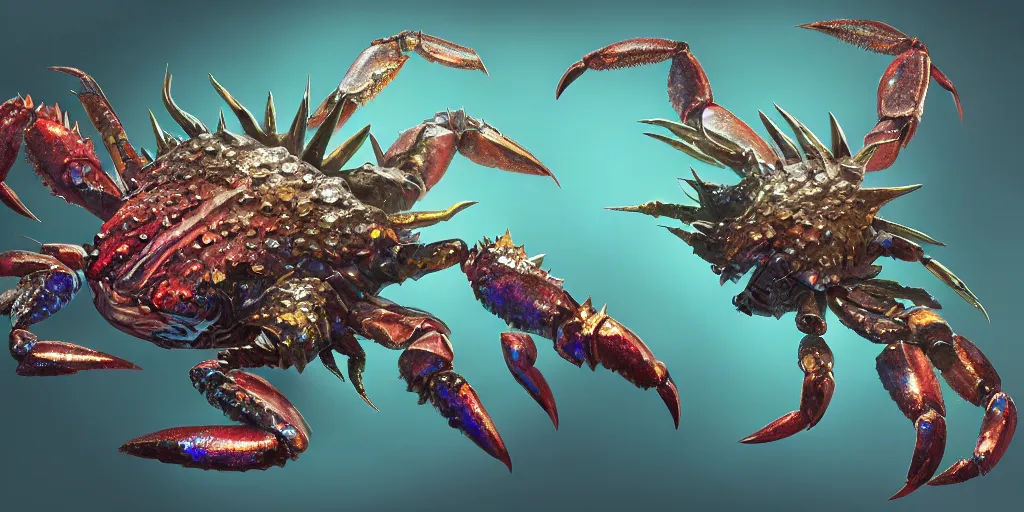 Image similar to Iridescent crab seamonster, character design sheet, Monster Hunter Illustrations art book, diamond sharp claws, huge arms, iridescent shards on its back, Moebius, Greg Rutkowski, Zabrocki, Karlkka, Jayison Devadas, Phuoc Quan, trending on Artstation, 8K, ultra wide angle, zenith view, pincushion lens effect.