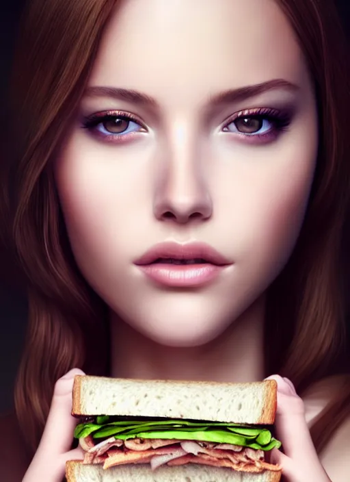 Prompt: a gorgeous female photo, professionally retouched, soft lighting, holding a subway sandwich, realistic, smooth face, perfect eyes, wide angle, sharp focus on eyes, 8 k high definition, insanely detailed, intricate, elegant, art by artgerm and wlop