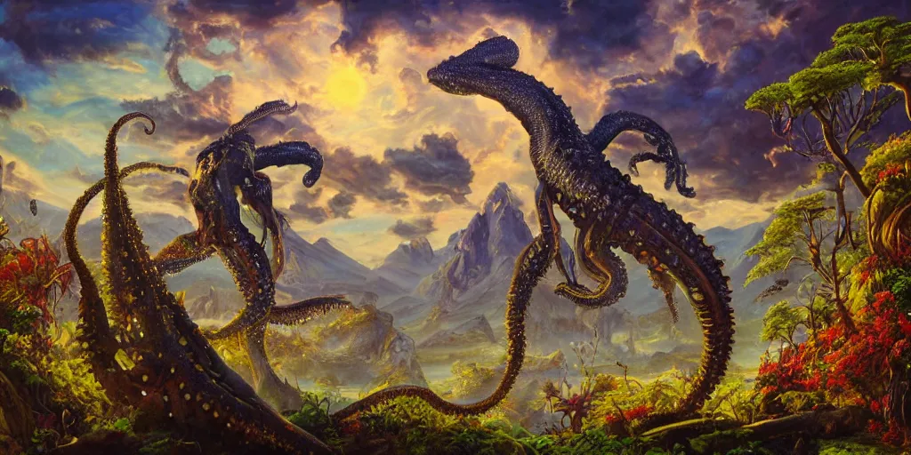 Image similar to fantasy oil painting, great leviathan, cybernetic turtle cephalopod terrapin reptilian pachyderm squid, bella hadid, hybrid, milla jovovich, anubis, epic natural light, lush plants flowers, spectacular mountains, bright clouds, luminous sky, outer worlds, golden hour, michael cheval, edward hopper, michael whelan, vray, hd