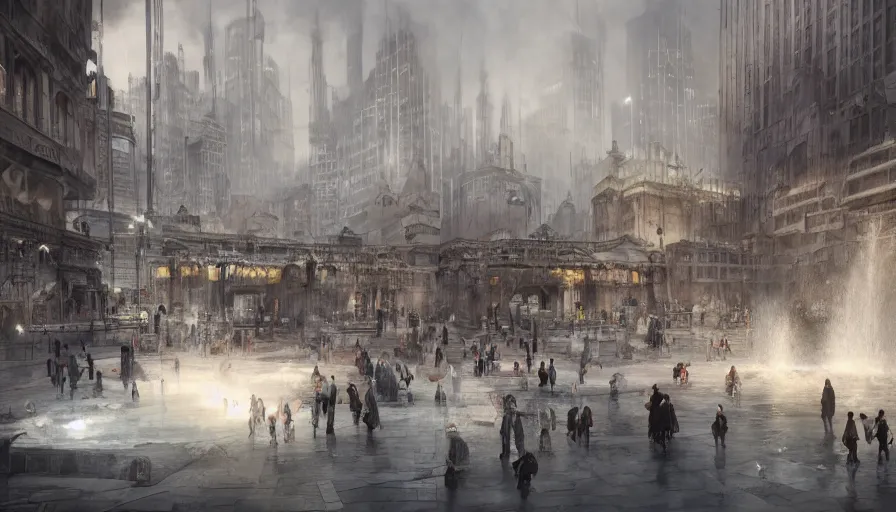 Prompt: City square in a Dieselpunk city, fontains with sculptures of people mixed with angines made from marble and petrol flowing instead of water, steam, epic composition, intricate, elegant, volumetric lighting, digital painting, highly detailed, artstation, sharp focus, illustration, concept art, ruan jia, steve mccurry