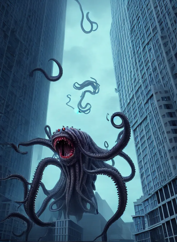 Image similar to A very giant Kraken-like multi-eyed monster jumped up with its jaws on a high-rise office building and wrapped his tentacles all around him. High detail, front view, photorealism, concept art, octane render, zoom, windows, 8k