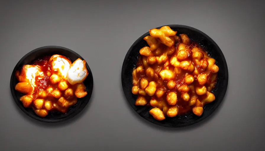 Prompt: poutine ( the canadian meal ) from mount doom, volcano texture, lava texture, fire texture, cheese curds texture, octane render, highly detailed texture, 8 k