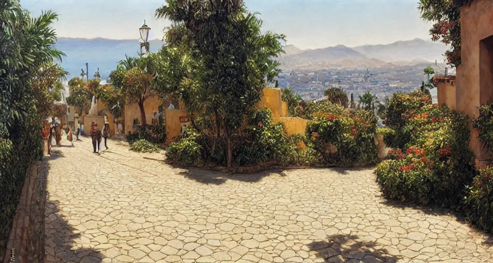 Image similar to Ted Nasmith painting of a Marbella city street landscape