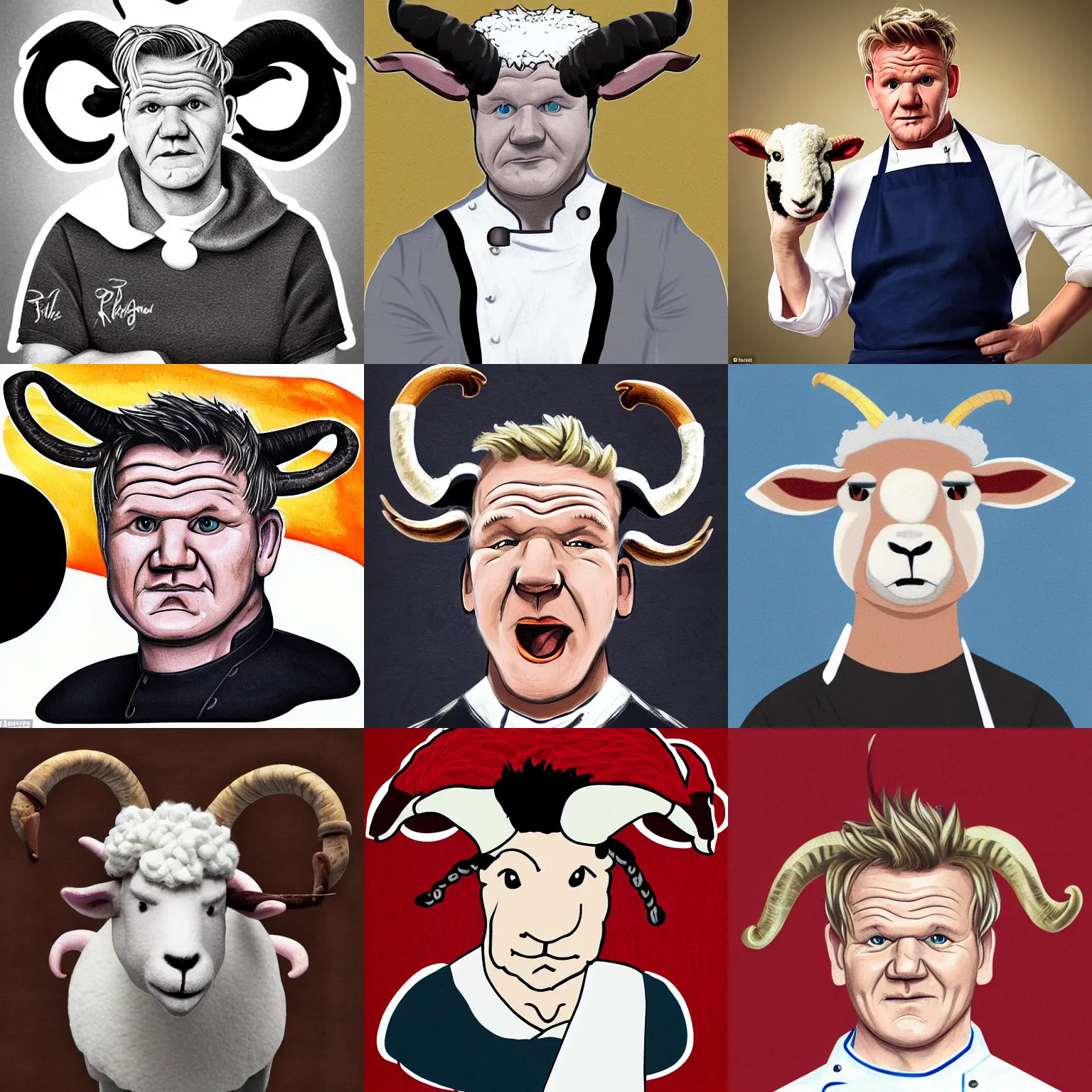 Prompt: portrait of chef! gordon ramsay! as a ram sheep with horns and wool