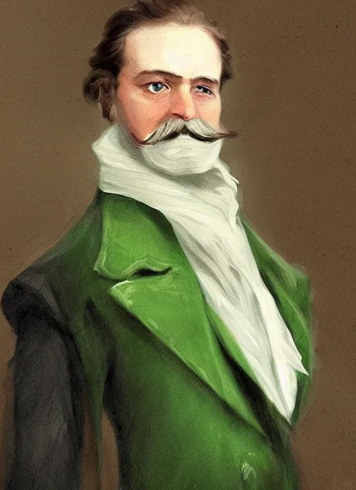 Image similar to an old french baron, long hair, wear an elegant mustach, white scarf, green shirt, by artgem, digital art, highly detailled