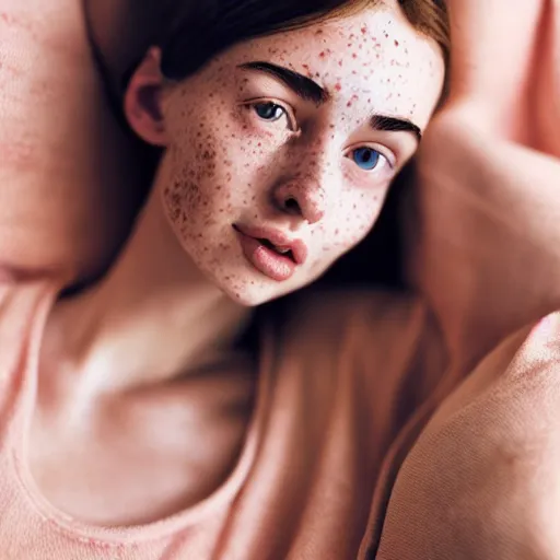 Prompt: portrait of a cute thin young woman, red blush, cute freckles wearing casual clothes, small smile, relaxing on a couch, cozy under a blanket, cozy living room, close up shot, 8 k, trending on artstation, art by diego fazio and irakli nadar and ron mueck, hyperrealism, hyperdetailed, ultra realistic