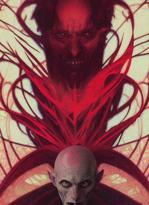 Image similar to symmetry! portrait of nosferatu, bats, red splash aura in motion, floating pieces, painted art by tsuyoshi nagano, greg rutkowski, artgerm, alphonse mucha, spike painting