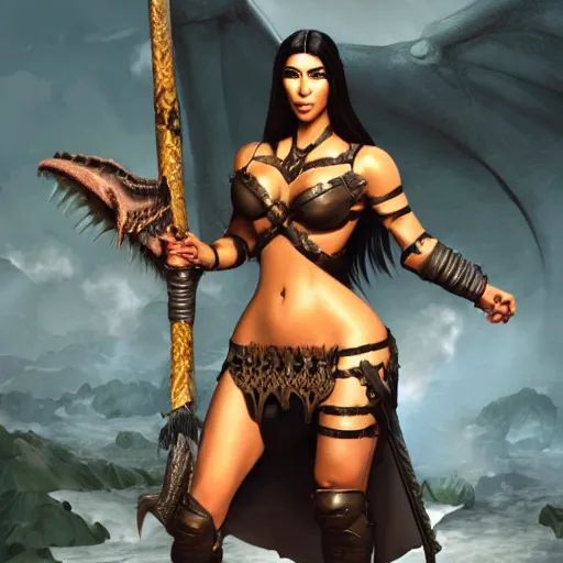 Image similar to kim kardashian as a female barbarian in heavy armor standing on a dragons corpse, au naturel, hyper detailed, digital art, trending in artstation, cinematic lighting, studio quality, smooth render, unreal engine 5 rendered, octane rendered, art style by klimt and nixeu and ian sprigger and wlop and krenz cushart