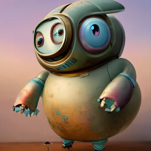 Prompt: gediminas pranckevicius, a small chubby bot, smooth panelling, one large gold eye intricate detail, style of pokemon, with damaged rusty arms, broken antenna, recycled, floating, white studio, oil, mechanical, toy, ambient light, in the style of pixar animation, pokedstudios, blender, octane render, 8 k,