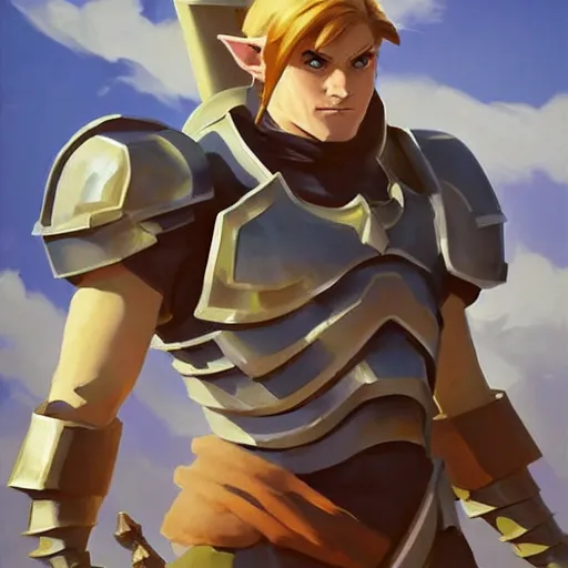 Image similar to greg manchess portrait painting of armored link from legend of zelda as overwatch character, medium shot, asymmetrical, profile picture, organic painting, sunny day, matte painting, bold shapes, hard edges, street art, trending on artstation, by huang guangjian and gil elvgren and sachin teng